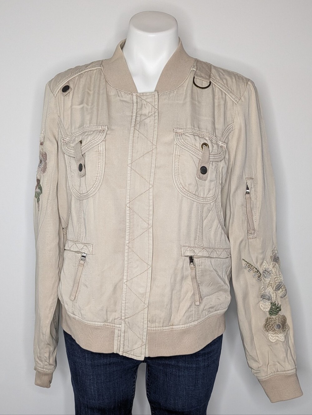 Marrakech Tan Floral Embroidered Sleeve Utility Bomber Jacket L